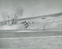 Thumbnail for 'WSC baseball action on the fields north of Mountaineer Gymnasium, ca. early 1960s.'