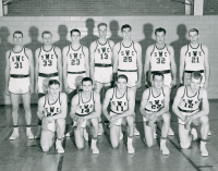 Thumbnail for 'A WSC Mountaineer basketball team poses for a team photograph in Mountaineer Gymnasium, ca. 1954.'