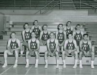 Thumbnail for 'The 1955-1956 WSC basketball team poses in their away-uniforms, ca. 1956.'