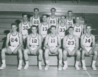 Thumbnail for 'A happy Mountaineer basketball team poses on the gymnasium bleachers, ca. 1957.'