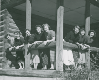 Thumbnail for '1954 Homecoming Queen candidates pose at the Clubhouse.'